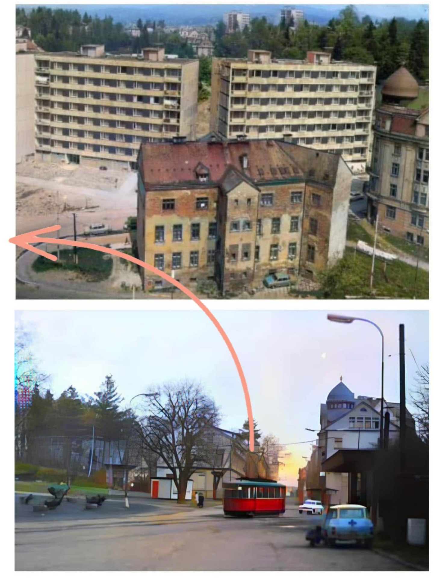Šipka označuje místo, kde zhruba jede tramvaj z druhého obrázku - ovšem tam ještě bez Abecedy (autor příspěvku Jablečné město)