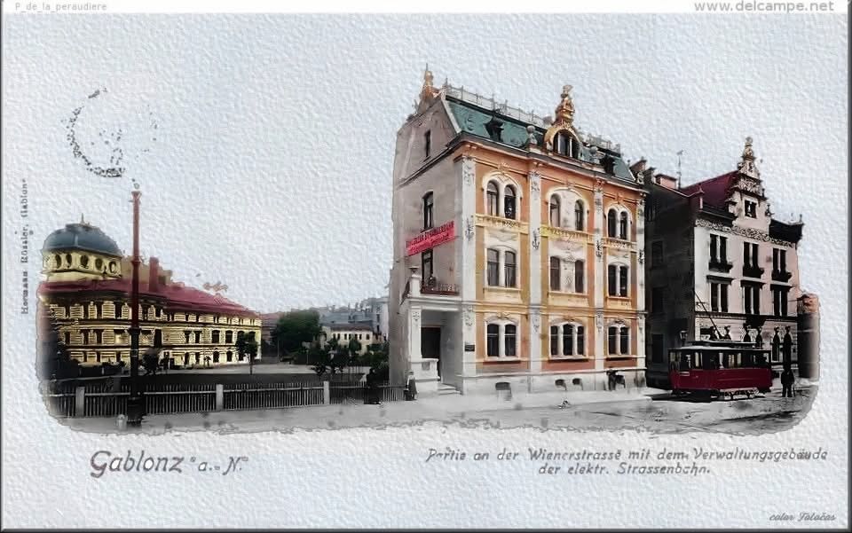 Přibližně kolem roku 1900+ Partie na bývalé jablonecké Vídeňské ulici u dnešní remíze. Na pozadí i dnešní jablonecká sokolovna. color Fotočas
