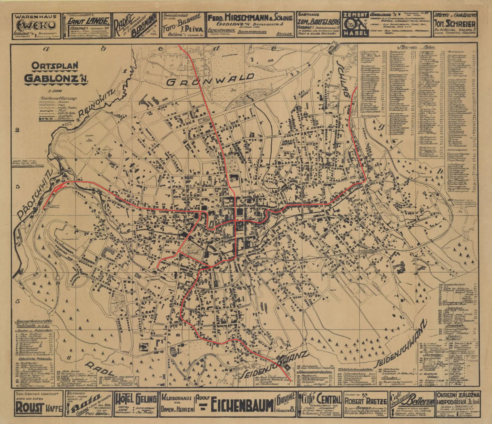 Mapa tramvajové trati v Jablonci. (archiv Erka Bergmann)