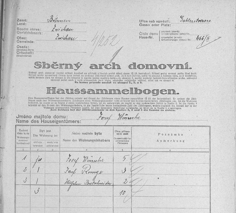 Žilo zde celkem 10 lidí, sčítací arch obyvatelstva z roku 1920