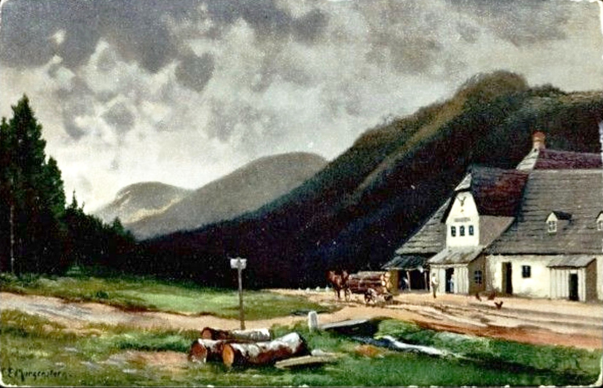 Chata Smědava - Wittighaus Malba na plátně- autorem je německý malíř Carl Ernst Morgenstern (1847-1928) (archiv J.Peterka)