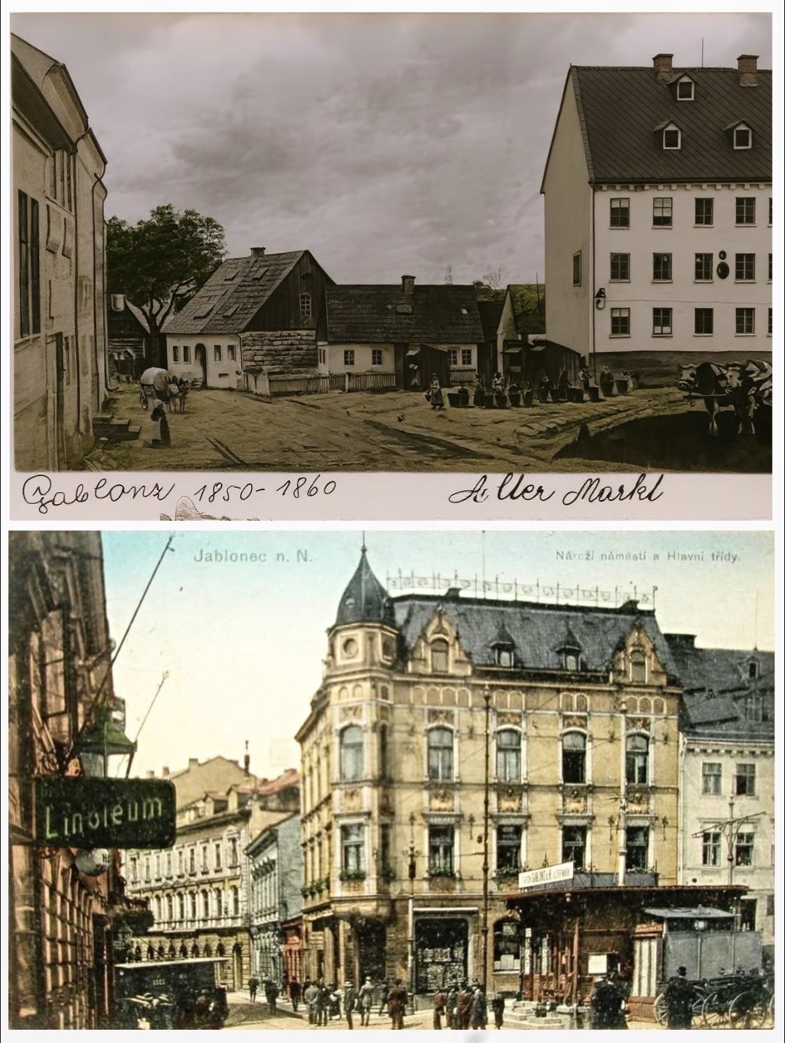 Rozmach města byl značný, zde je rozdíl 50 let. (zdroj: Jablečné město) první foto -Hokynářky se svými koši byly přítomny na malé tržnici na rohu Starého trhu (Mírové náměstí) a v tu dobu Kirchgasse - Kostelní (Komenského)