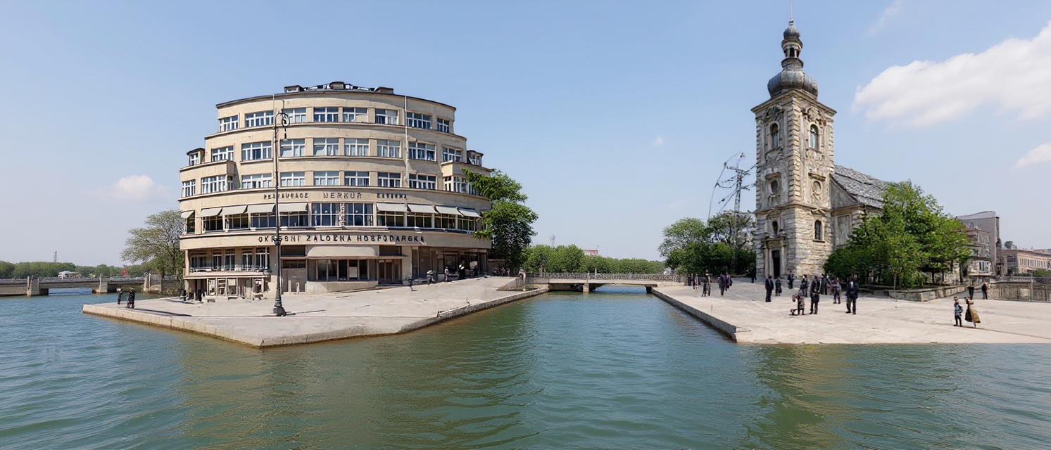 Hotel Merkur a kostel Sv.Anny v alternativním světě (archiv Jablečné město) - hotel Merkur odstřelen 13.června 1987, ale ještě v roce 1985 vážně uvažovali o jeho záchraně (autor komentáře R.Kitler)