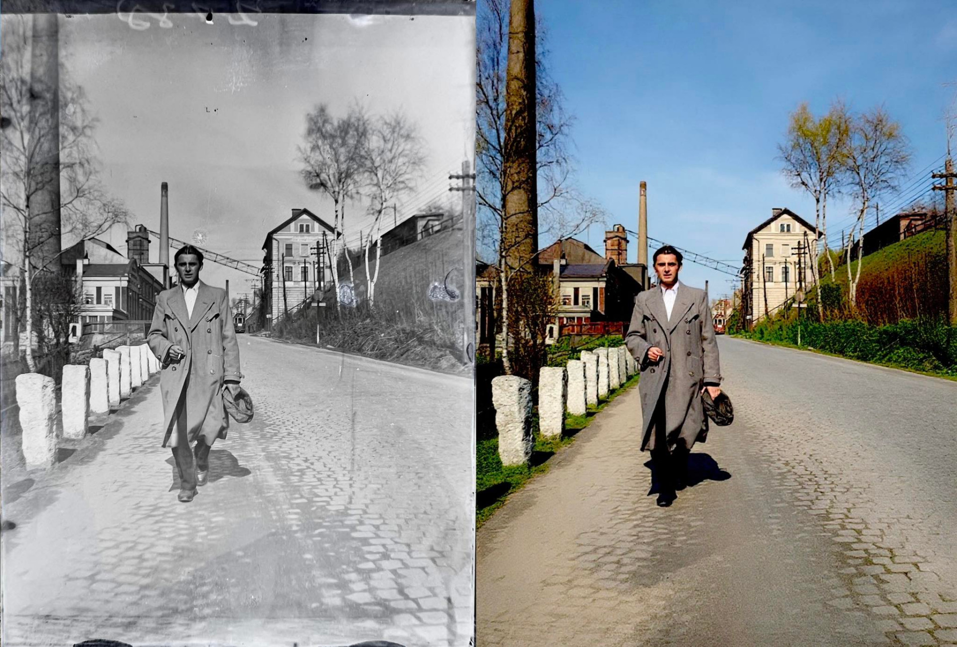 Gablonz a. N., Reichenberger Straße – 1935. Jablonec nad Nisou, Liberecká ulice u Dolního nádraží. Komíny firmy Brandl již zmizely, tramvaj, která sem jezdila od roku 1900, je dnes protažena až do Liberce. Budova nádraží vpravo z roku 1888 stále stojí.  Archiv Eva Malikova  Ps: Jedná se o dodnes neznámou fotografii z domácího archivu, která je zachycen prastrýc paní Malíkové. Díky za ten poklad! (autor příspěvku Jablečné město)
