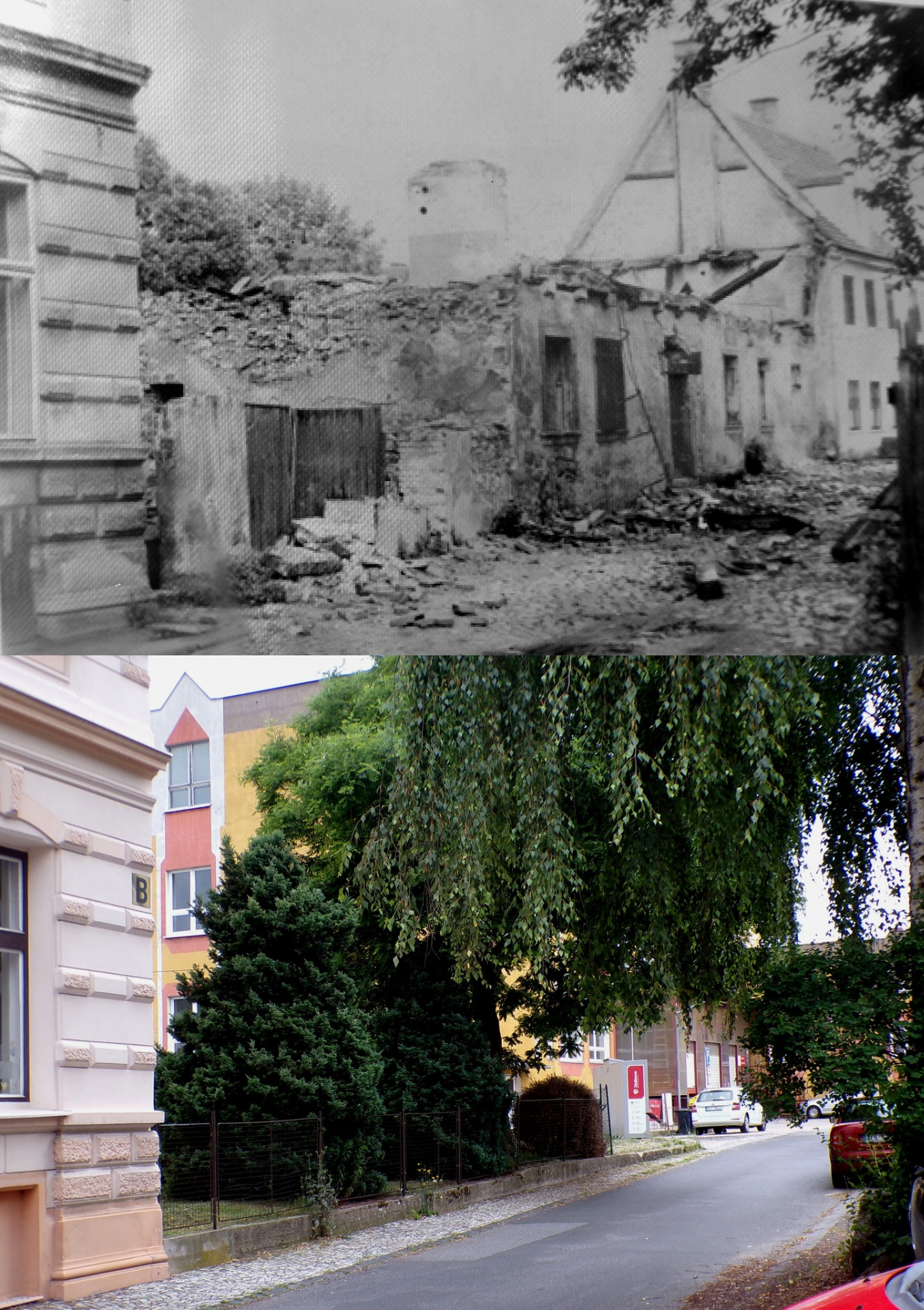 Frýdlant - ulice B. Němcové. Zničený dům bývalého starosty Antona Aignera po náletech v květnu 1945