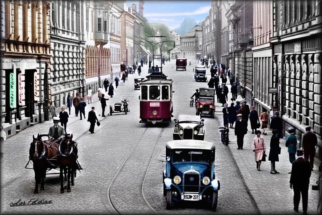 20/30tá léta v Gablonz a.d.Nisse Jablonecká Gebirgstrasse, (dnes Podhorská) historická horská silnice spojující Jablonec nad Nisou s okolními oblastmi, dnes už neexistuje v původní podobě. V minulosti byla důležitou spojnicí pro obchod i turistiku, vedoucí přes Jizerské hory.  color Fotočas