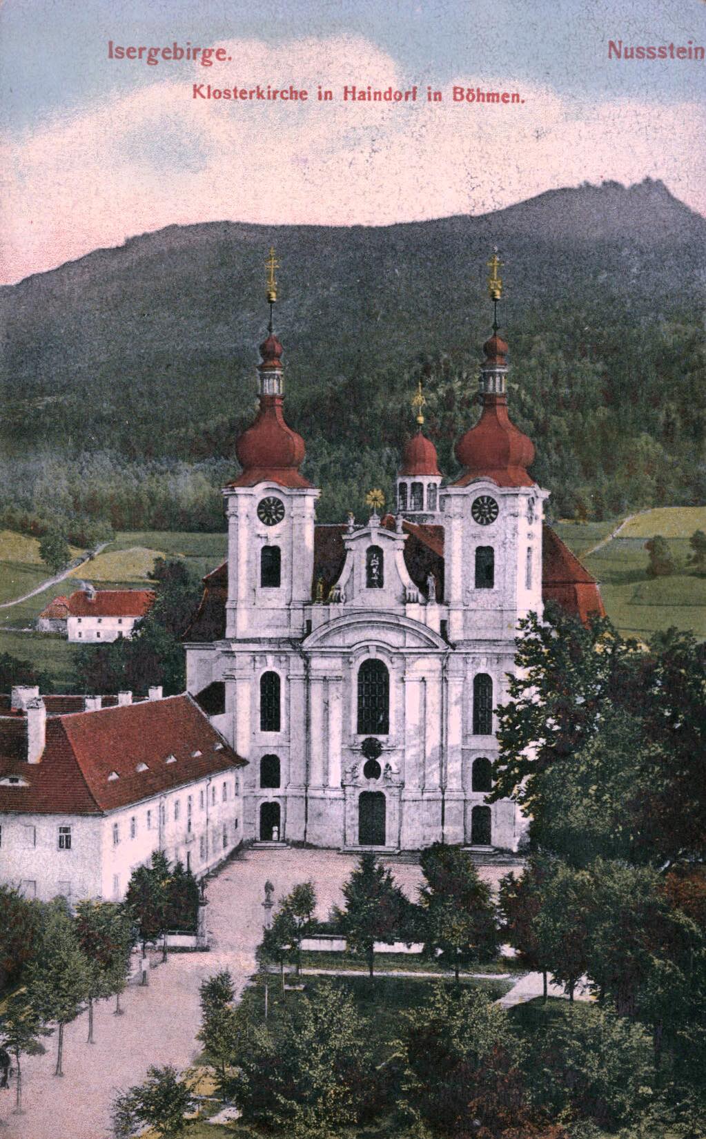 Poutní kostel v Hejnicích na pozadí s Ořešníkem v roce 1907. Jizerské hory. (archiv Eva Malíková)