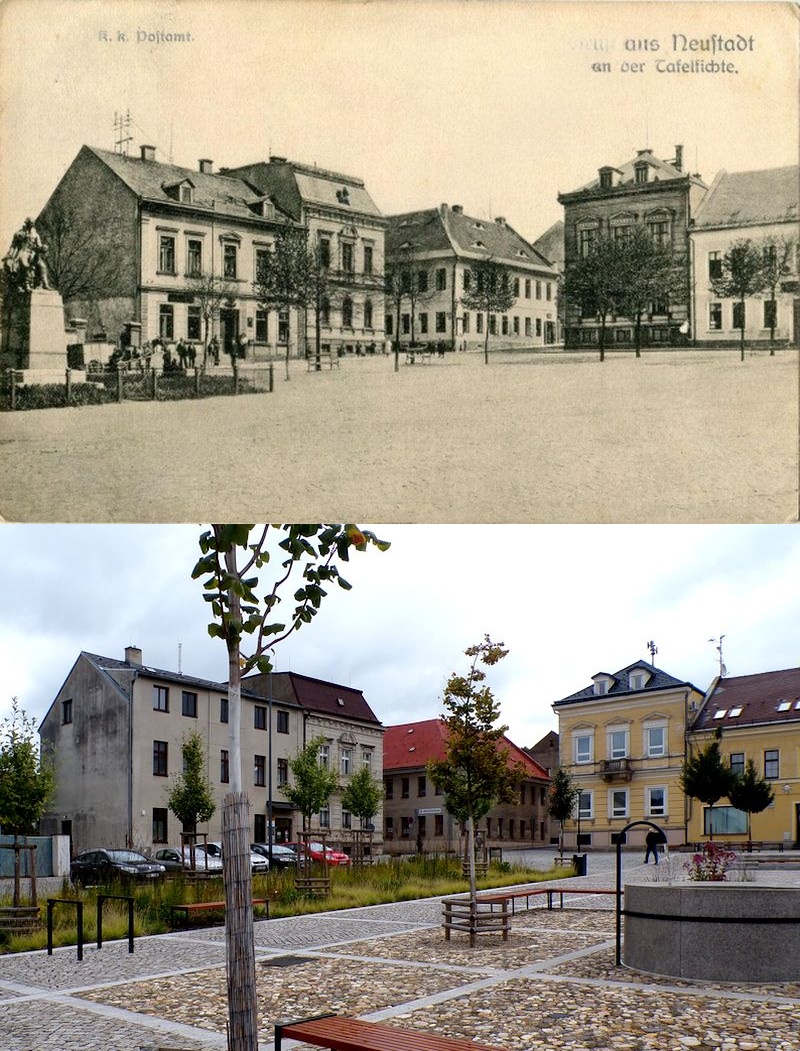 Nove Město pod Smrkem - severní část náměstí s pomníkem Josefa II. , nyní nově po revitalizaci (archiv J.Kutílek)