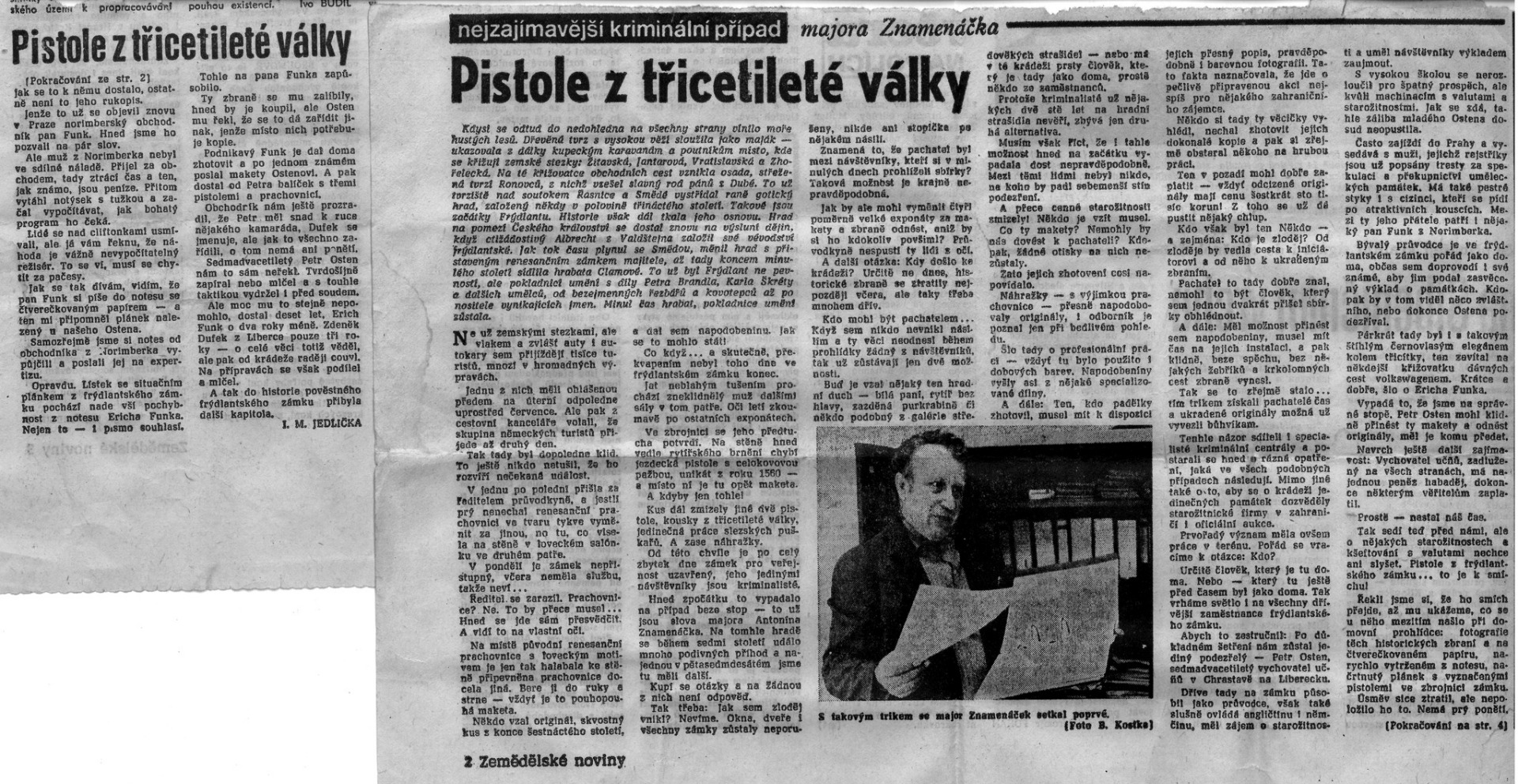 Zemědělské noviny 1975. Zpráva o vyšetřování krádeže historických zbraní na Frýdlantském zámku. Jména aktérů jsou změněna. (archiv Aleš Procházka)