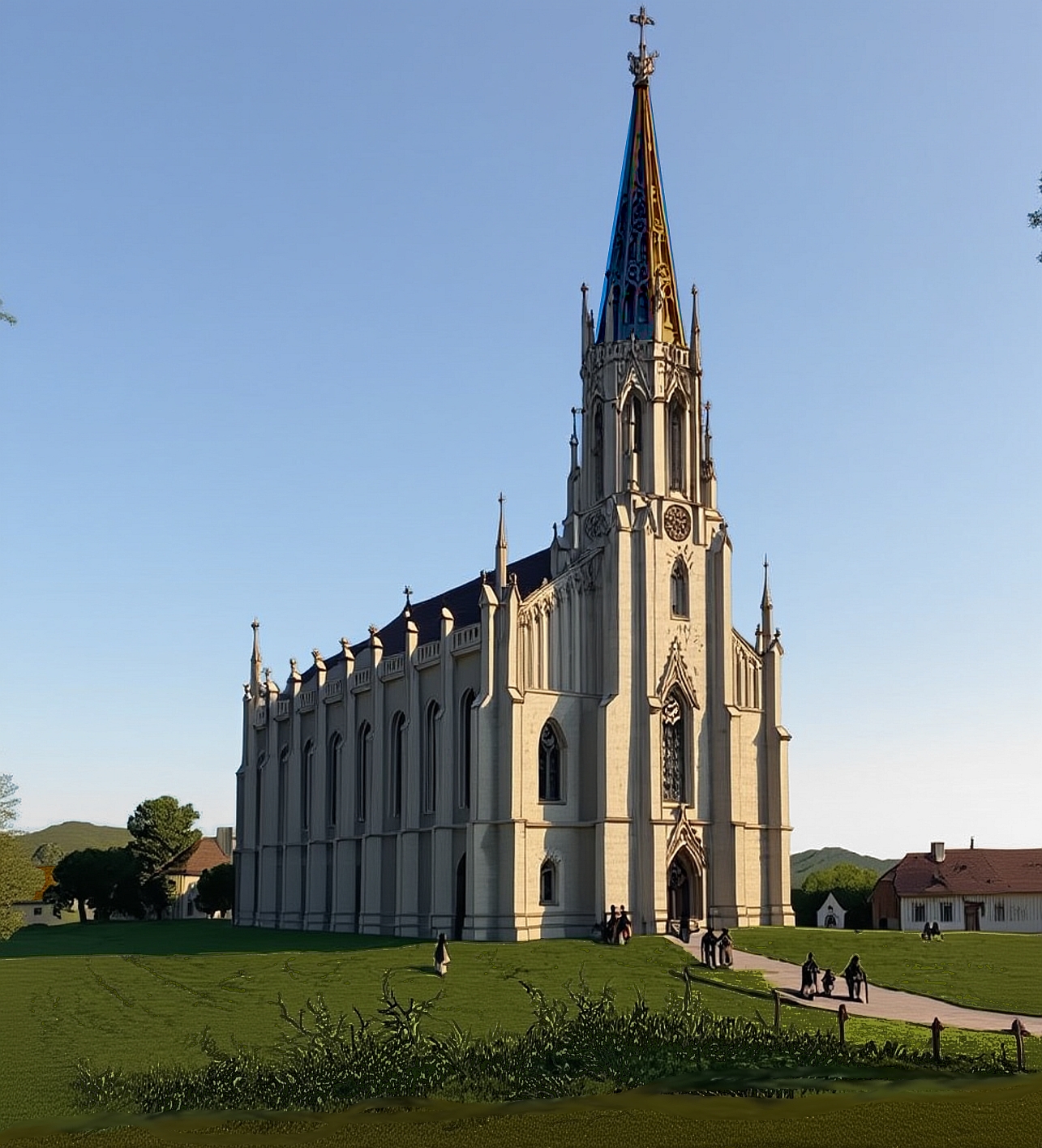 Umíte se oddat fantazii? Jakože můžete cestovat v čase, do historie? Tak neváhejte a vítejte v roce 1869! Podívejte se, jak tehdy vypadala novostavba katolického kostela sv. Vavřince v Chrastavě! Architekt František Thyll. Obrázek z roku 1869, drobná úprava AI. (archiv Pavel Štekl)