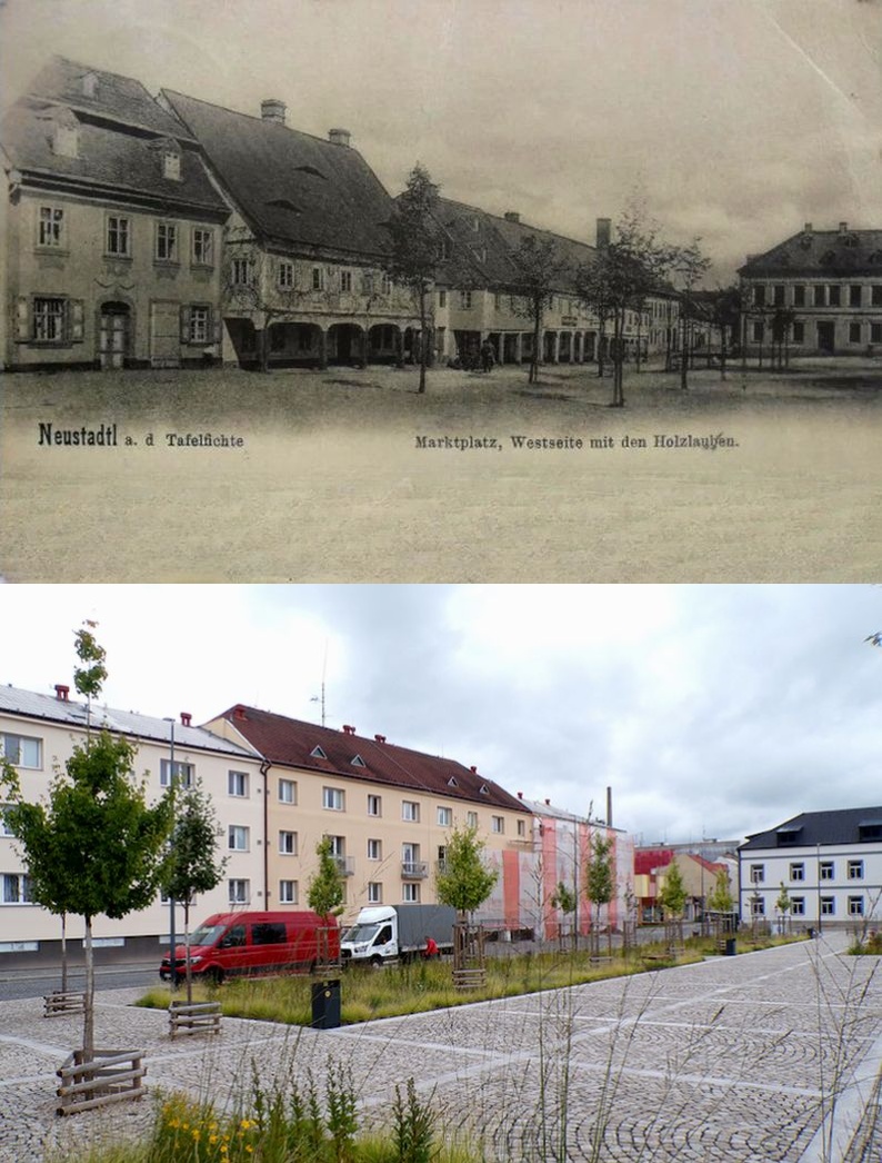 Nové Město pod Smrkem - dolní část náměstí, kde stály starobylé domy s podloubím do začátku 60. let. Kvůli zchátralosti byly nahrazeny novou výstavbou. Kdyby zůstaly dodnes, mohly být velkou turistickou atrakcí... (archiv J.Kutílek)