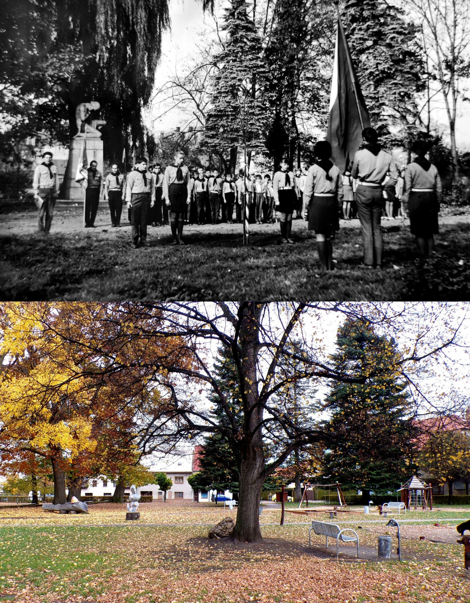 Frýdlant - Lípa svobody zasazená místními skauty v městském parku 28.10. 1968. V pozadí památník obětem 1. sv. války, dnes umístěn na hřbitově.