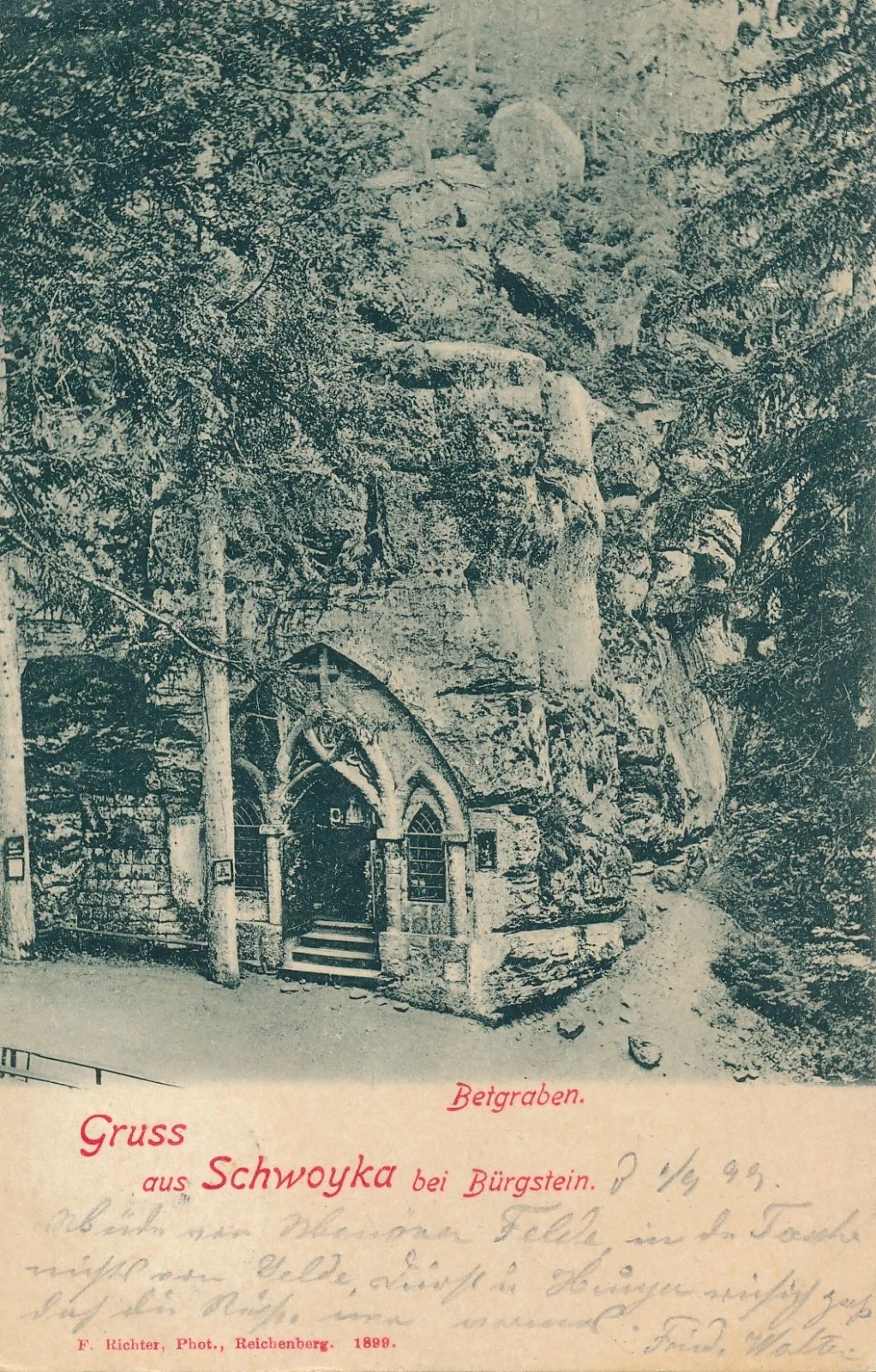 Modlivý důl u obce Svojkov (Schwoika nebo také Schwoyka) u skalního hradu Sloup (Bürgstein), rok 1889, okr. Česká Lípa. (archiv Otto Rikitan Ečer)