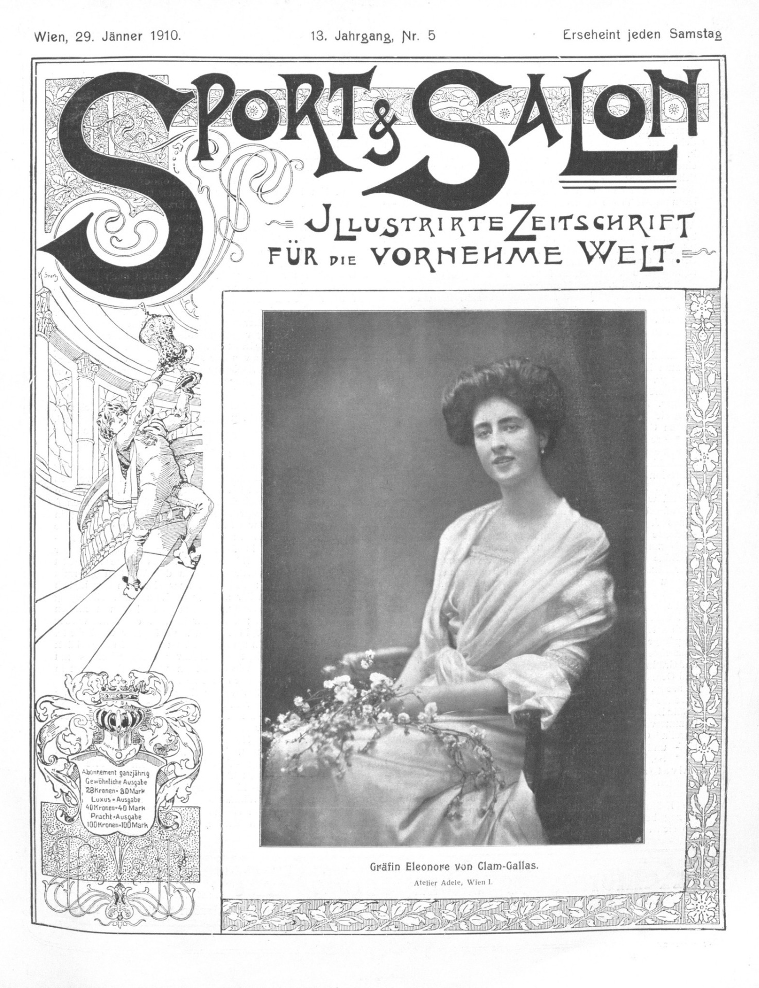 Eleonora byla vysoká a velmi štíhlá a mohla by úspěšně konkurovat dnešním modelkám. Často se objevovala na titulních listech tehdejších časopisů, věnujících se šlechtě a společenskému životu. Zde na fotografii z roku 1910, kdy se vdávala. Eleonora tehdy žila střídavě na zámku Frýdlant a částečně v Clam-Gallasově paláci ve Vídni. Navštěvovala také venkovská rodinná sídla, např. zámek Pohled nedaleko Havlíčkova Brodu či Grabštejn. Karel v té době pobýval nejčastěji na Orlíku a v Praze, kde studoval. Zdroj: https://anno.onb.ac.at/cgi-content/annoshow?call=sus