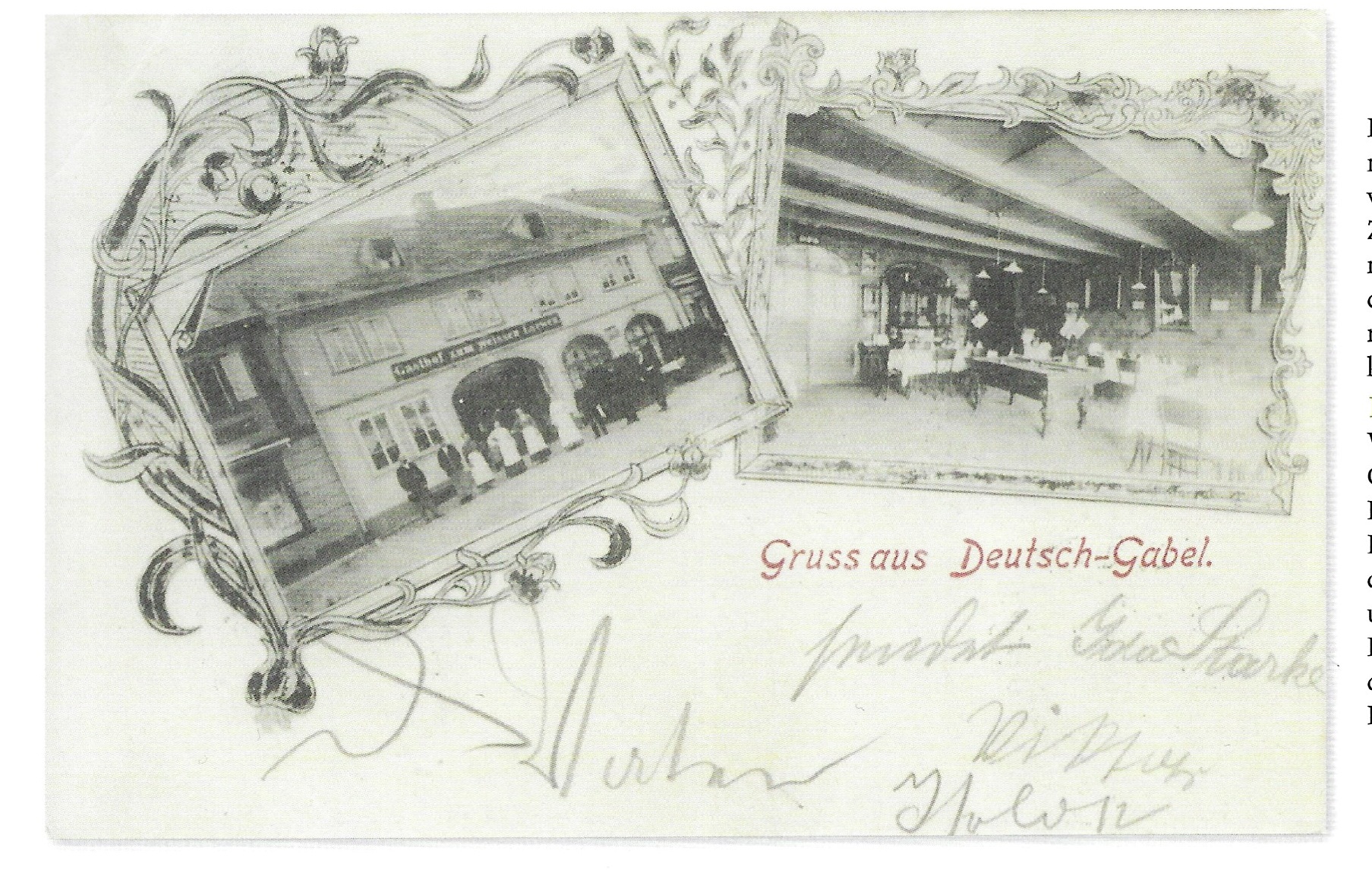 Firemní propagační pohlednice hostince U Bílého Iva v duchu oblíbené litografie. Zleva průčelí hostince s personálem a hostinským Reinholdem Hubelem, zprava interiér restaurace, kde nechyběl kulečníkový stůl ani piano, 1905