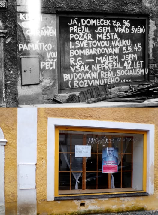 nápis z roku 1990 ve výloze tehdy zchátralého domu č.p. 36 v ulici Míru