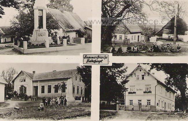 Pomník, náves, hostinec, škola  Datum: 1930