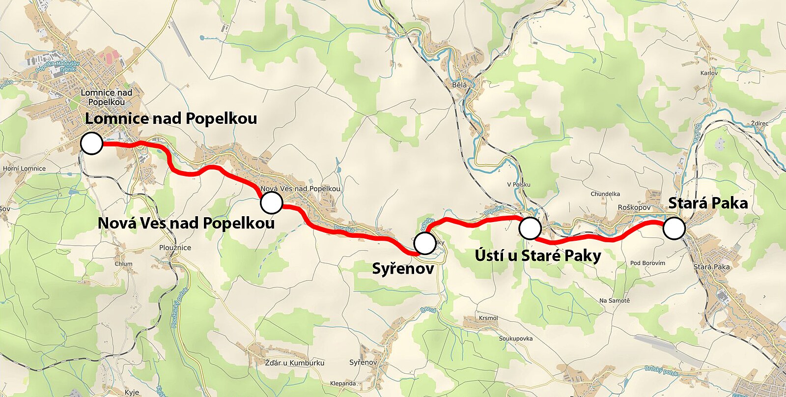 Mapa trati 046 mezi Lomnicí nad Popelkou a Starou Pakou Autor: mapy.idnes.cz