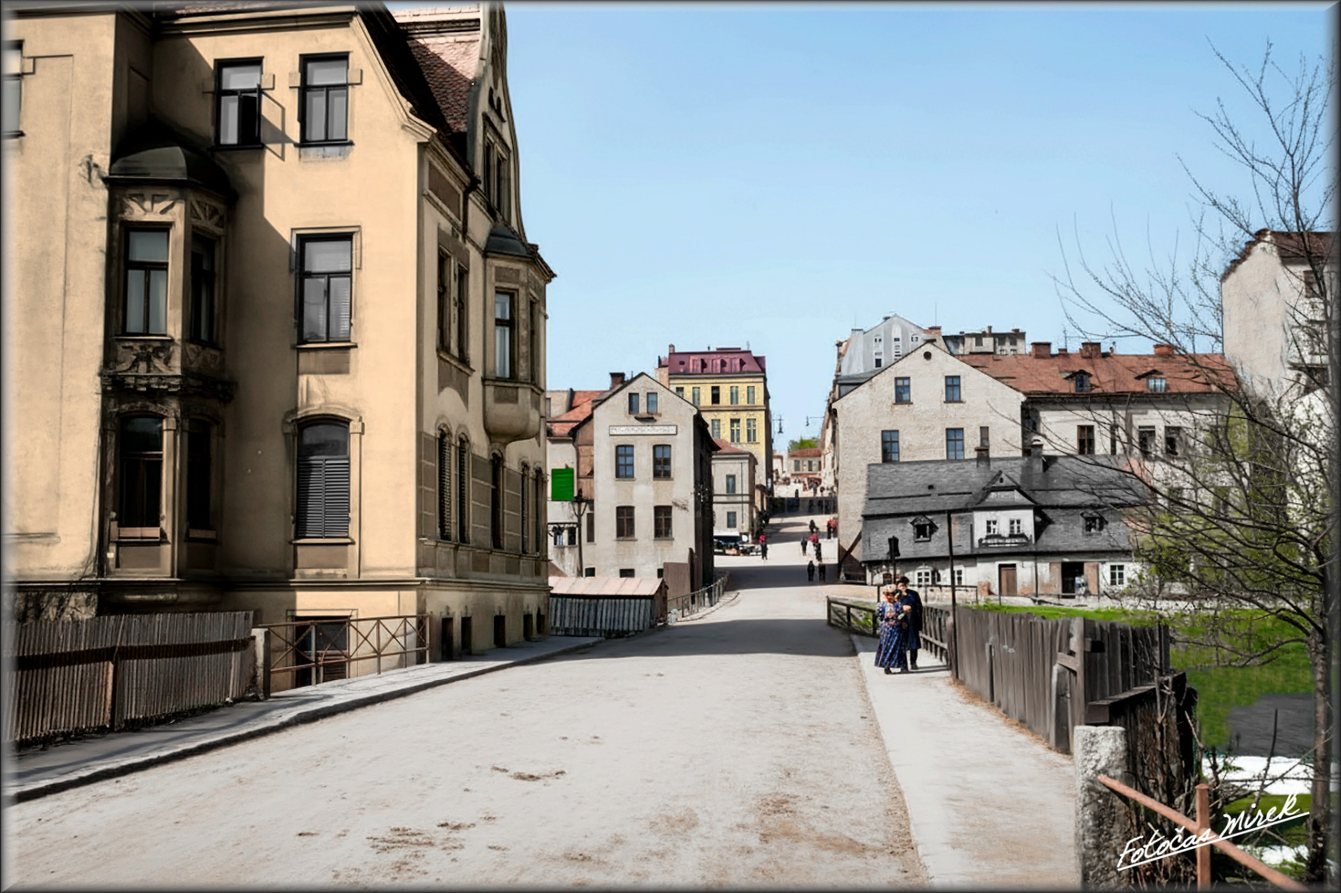 STEINGASSE - dnešní Kamenná ulice cca 20-tých let minulého století ještě bez tržnice i autobusových čekáren...🙂😅  color Fotočas