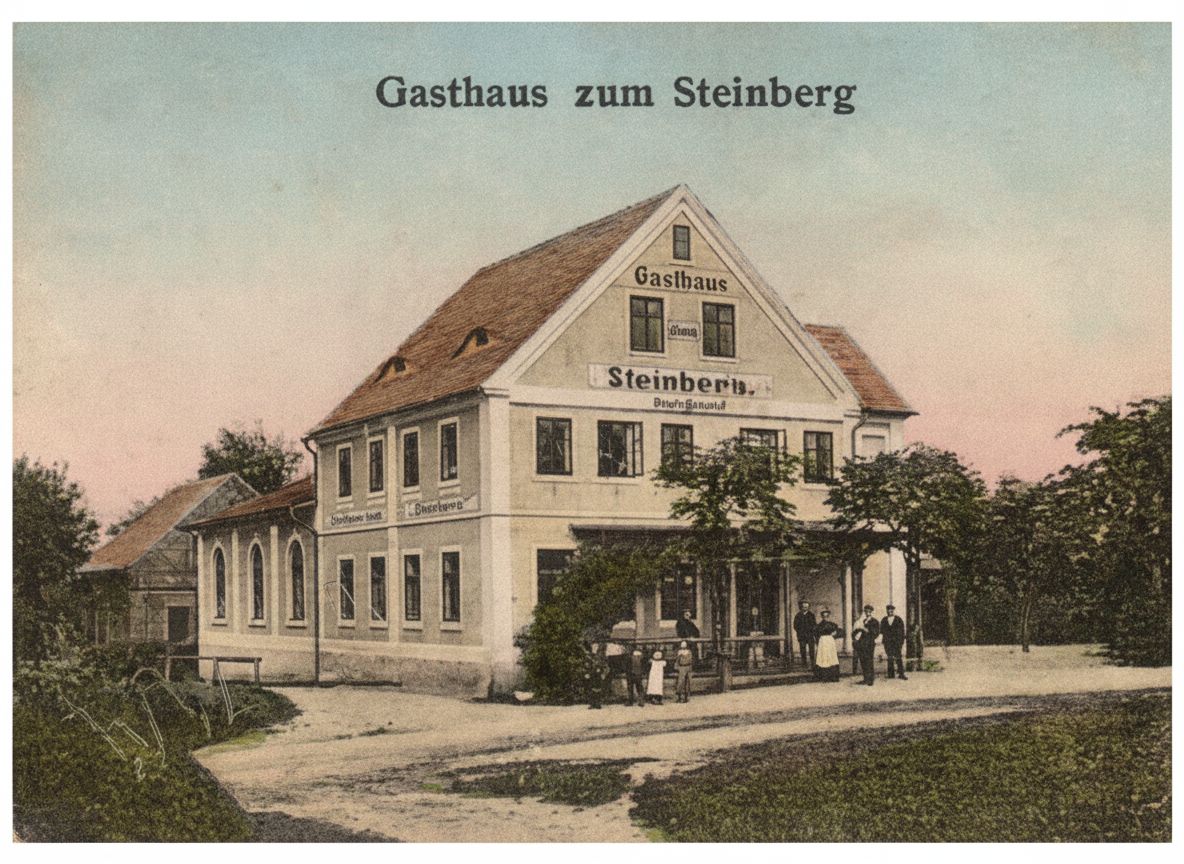 „Gasthaus zum Steinberg“ – hostinec Steinberg na fotografii z roku 1913 v Černousích. (archiv Černousy)