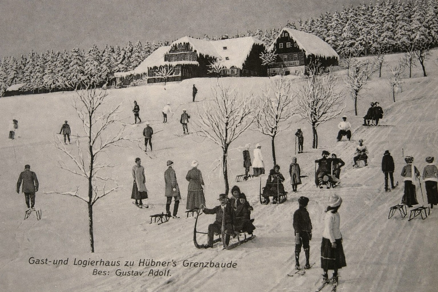 Horní Malá Úpa (Ober Kleinaupa), část obce Malá Úpa, Hübnerova bouda, pohlednice prošla 9. 1. 1924, okr. Trutnov.  (archiv Otto Rikitan Ečer)