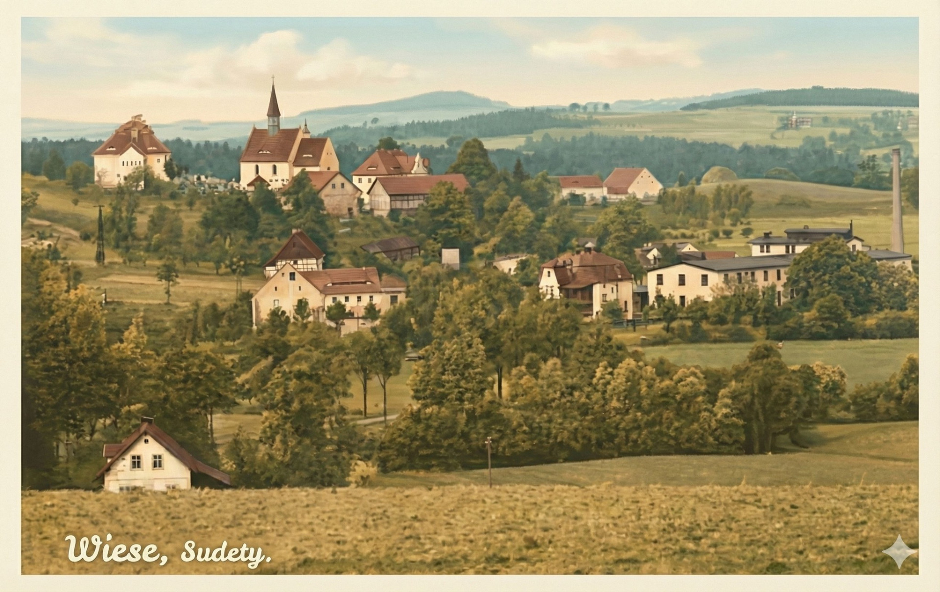 Historický pohled na Ves z roku 1914 Podívejte se, jak vypadala naše osada Ves (Wiese) v době předválečné. Snímku vévodí kostel sv. Vavřince, v pravé části pak zaujme dnes již zmizelý komín hospodářského dvora. (zdroj: Obec Černousy)