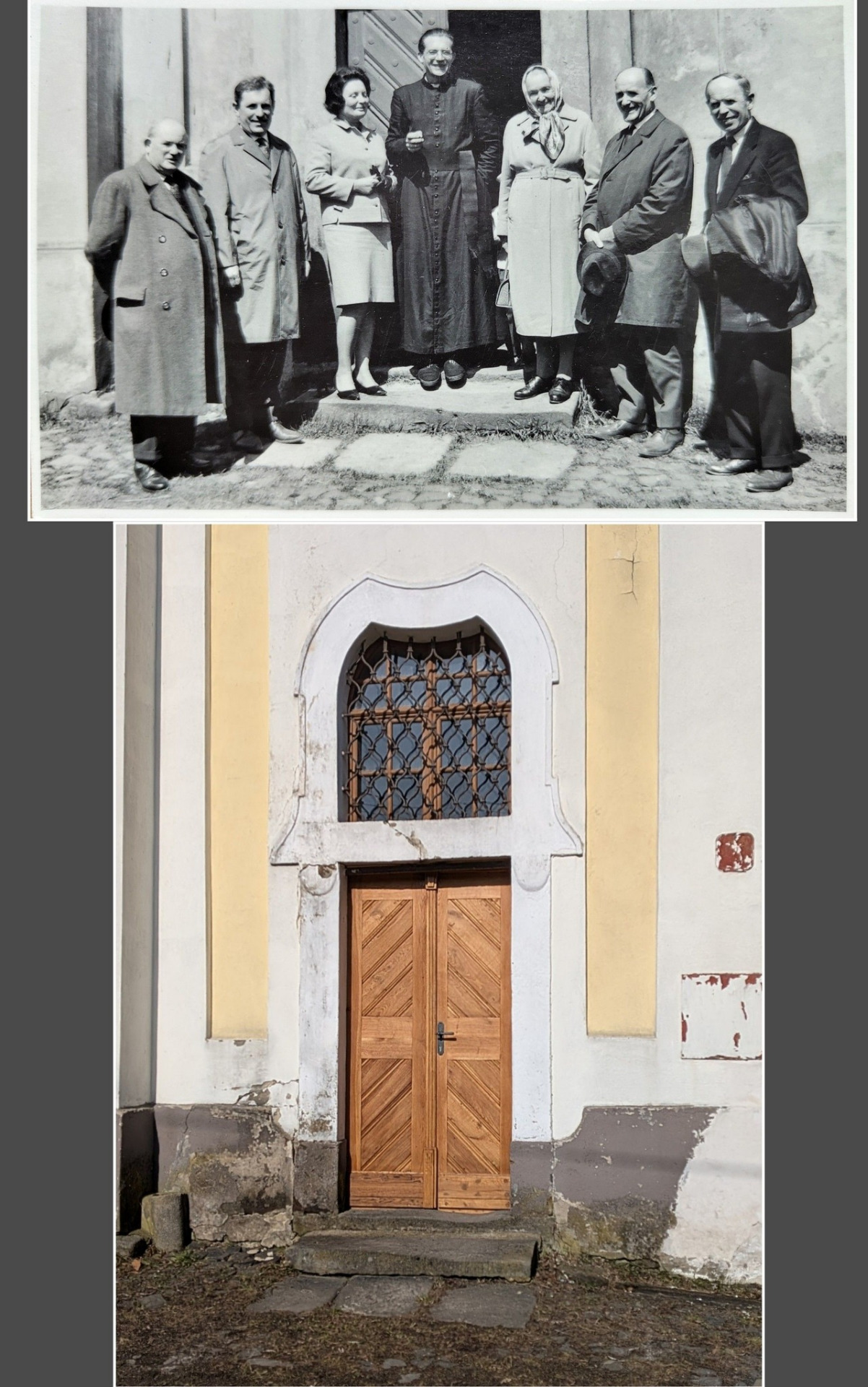 Rozdíl přibližně 50 let - stále stejně sešlapaný schod u kostelních dveří, stále stejné kamenné desky před nimi..