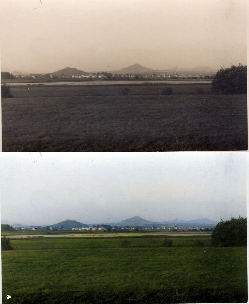 Netradiční celkový pohled na Lípu, směrem od Pekelských rybníků. Porovnání černobílé a barevné fotopohlednice. Třicátá léta. (autor příspěvku Jiří Kratochvíl)