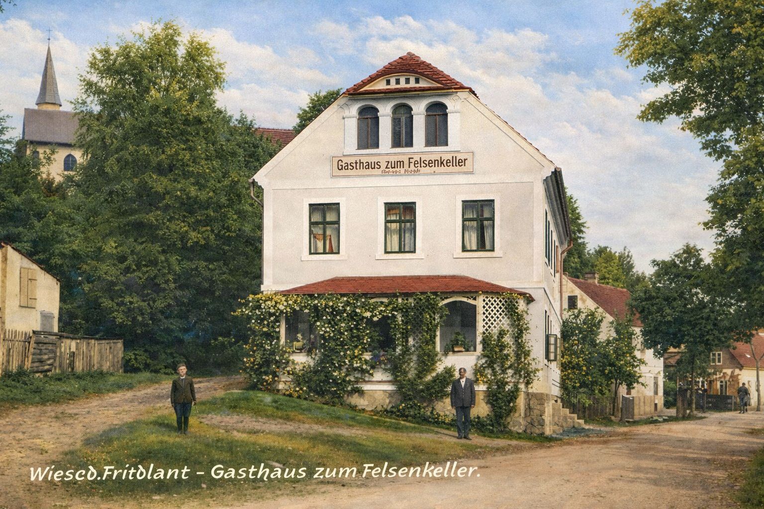 Wiese b. Friedland - Gasthaus zum Felsenkeller. - Ves u Frýdlantu - historický Hostinec "zum Felsenkeller na začátku 20. století. (archiv Obec Černousy)