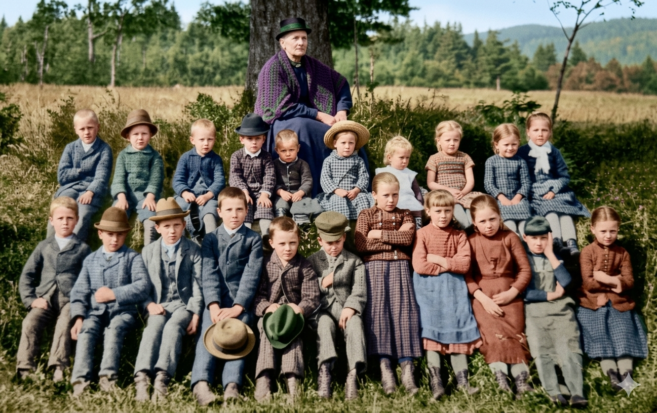 učitel Anton Peukert s posledními žáky kristiánovské školy v roce 1887 (kolorováno)