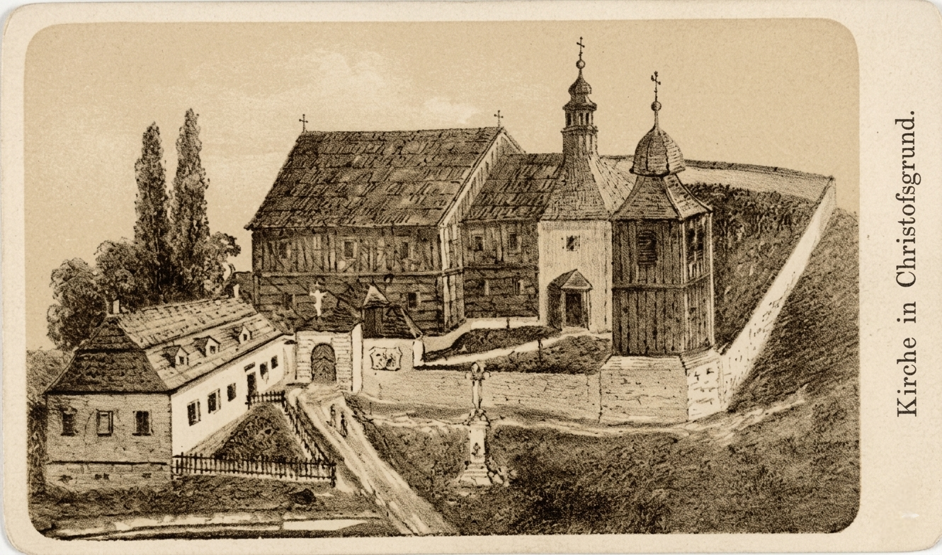 Podoba kostela sv. Kryštofa vlepená   do farní kroniky   k roku 1873.