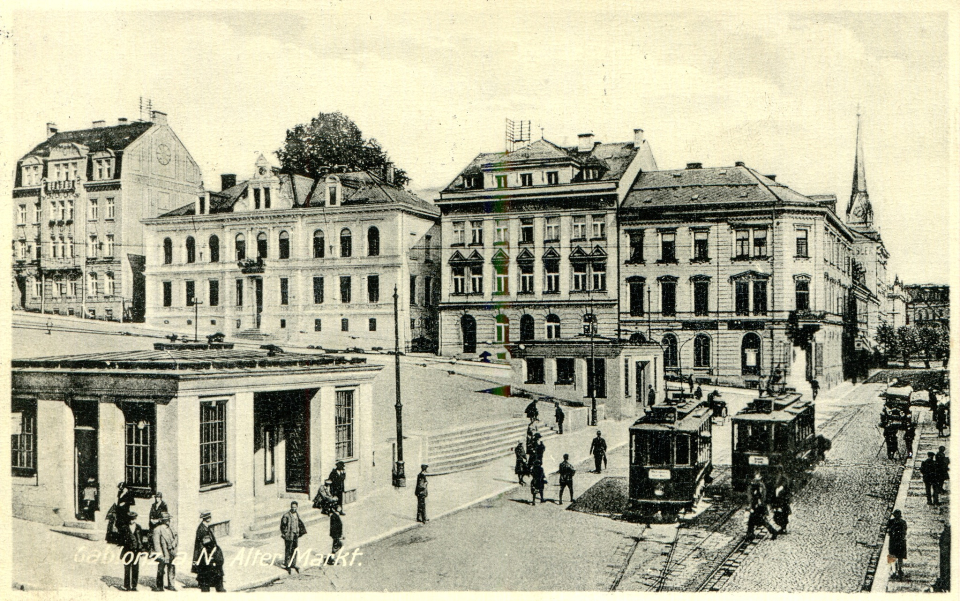 Alter Markt - dnešní Mírové náměstí na pohlednici prošlé poštou v roce 1929. (archiv J.Peterka)