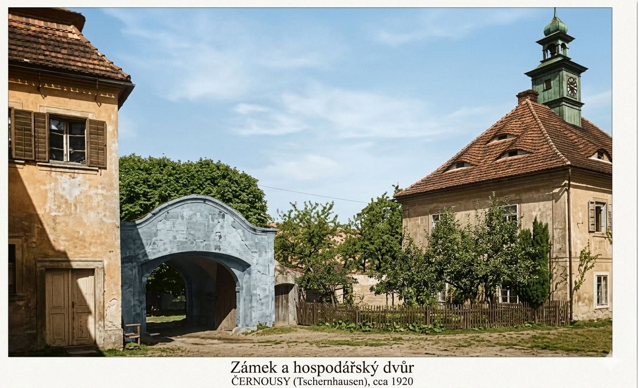 Kolorovaná pohlednice byla vydána v roce 1929 (upraveno přes AI) (archiv Obec Černousy)