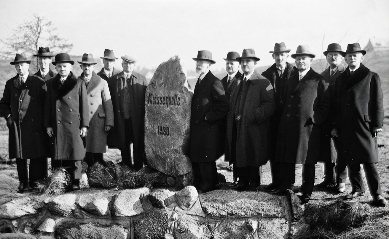 Pramen Nisy s představenstvem Novoveského okrašlovacího spolku v roce 1930