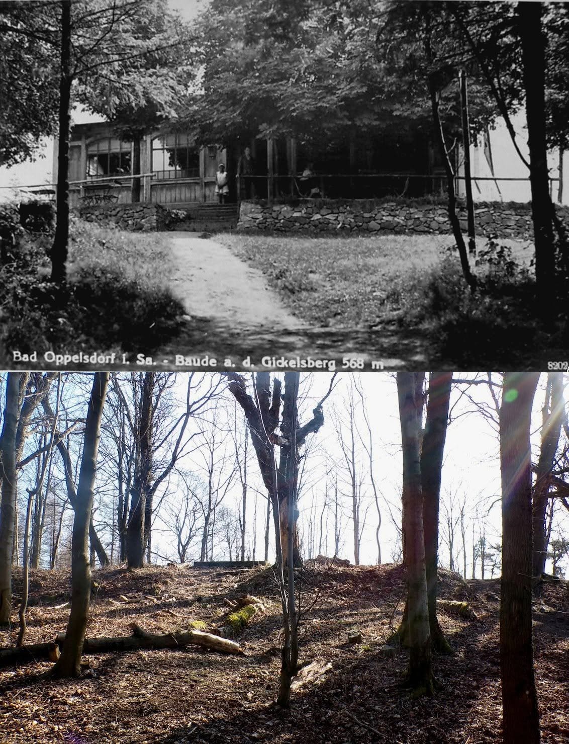 Výhledy - Gickelsberg - výletní restaurace s výhledem do Saska, po válce byla zdevastována a v roce 1948 ji zbourali českoslovenští pohraničníci (archiv J.Kutílek)
