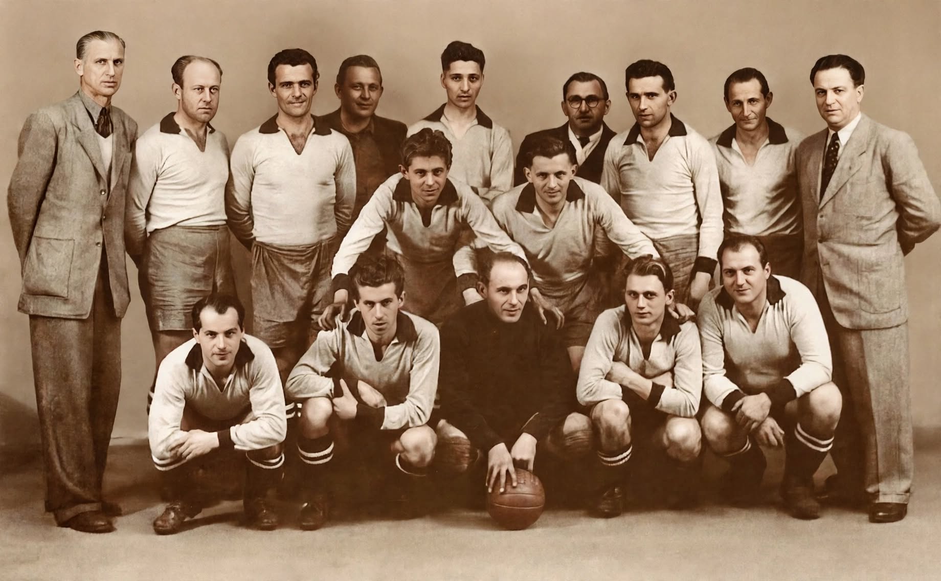 Přebor kraje 1951. Spodní řada zleva: Holý, Zach M., Čihula, Šach, Pražák. Horní řada zleva: Mrázek, Tajbr, Moc, Čech, Zach J., Červinka, Svatoš, Forman, Strya, Morávek, Hromádko.